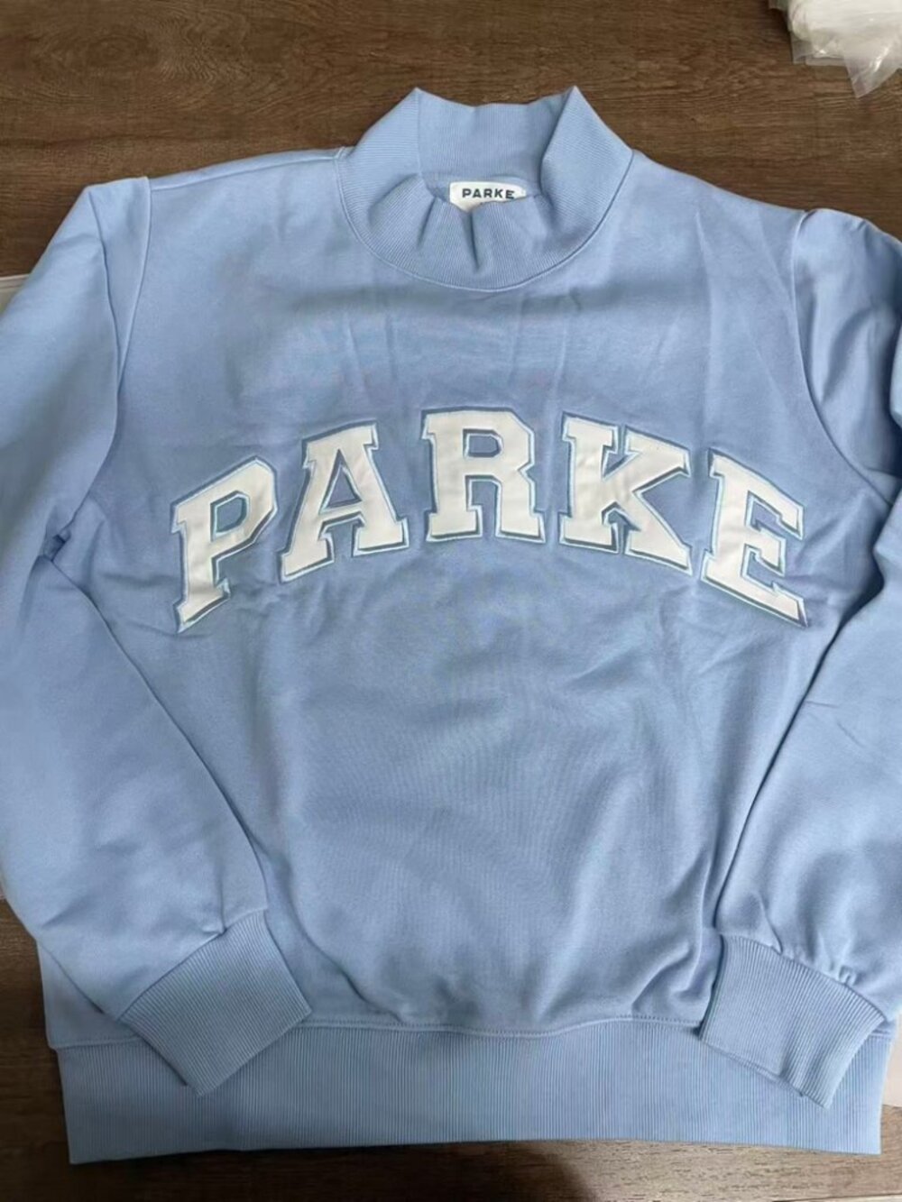 PARKE Light Baby Blue Mock Neck Sweatshirt White Varsity Applique Letter Pullove